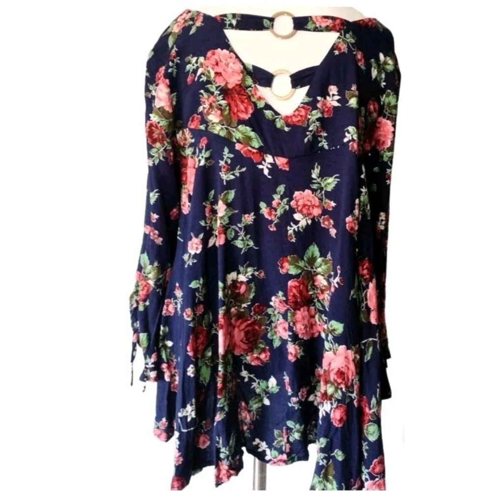 Entro Floral Bell Sleeve Blouse Navy Blue Strappy Ring Back Cottagecore Small